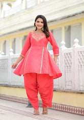Peach Solid Viscose Kurta & Pant Set With Zari & Mirror Work-J4745PEACH